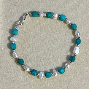 New Gorgeous Freshwater Pearl & Turquoise Faceted Cube Beaded Bracelet